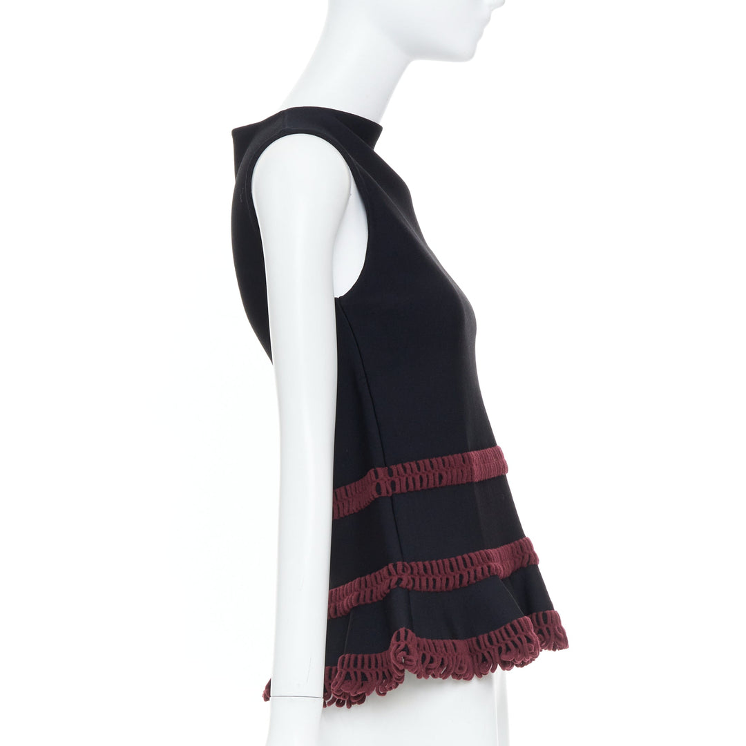 ALAIA burgundy openwork crochet tiered ruffle viscose blend peplum top FR36 S