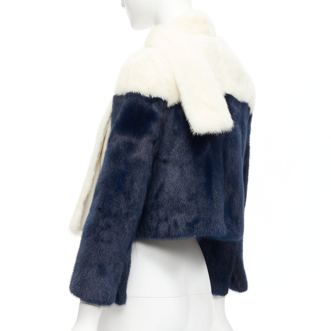 CHRISTIAN DIOR cream navy bicolor genuine fur crop jacket with scarf FR36 S