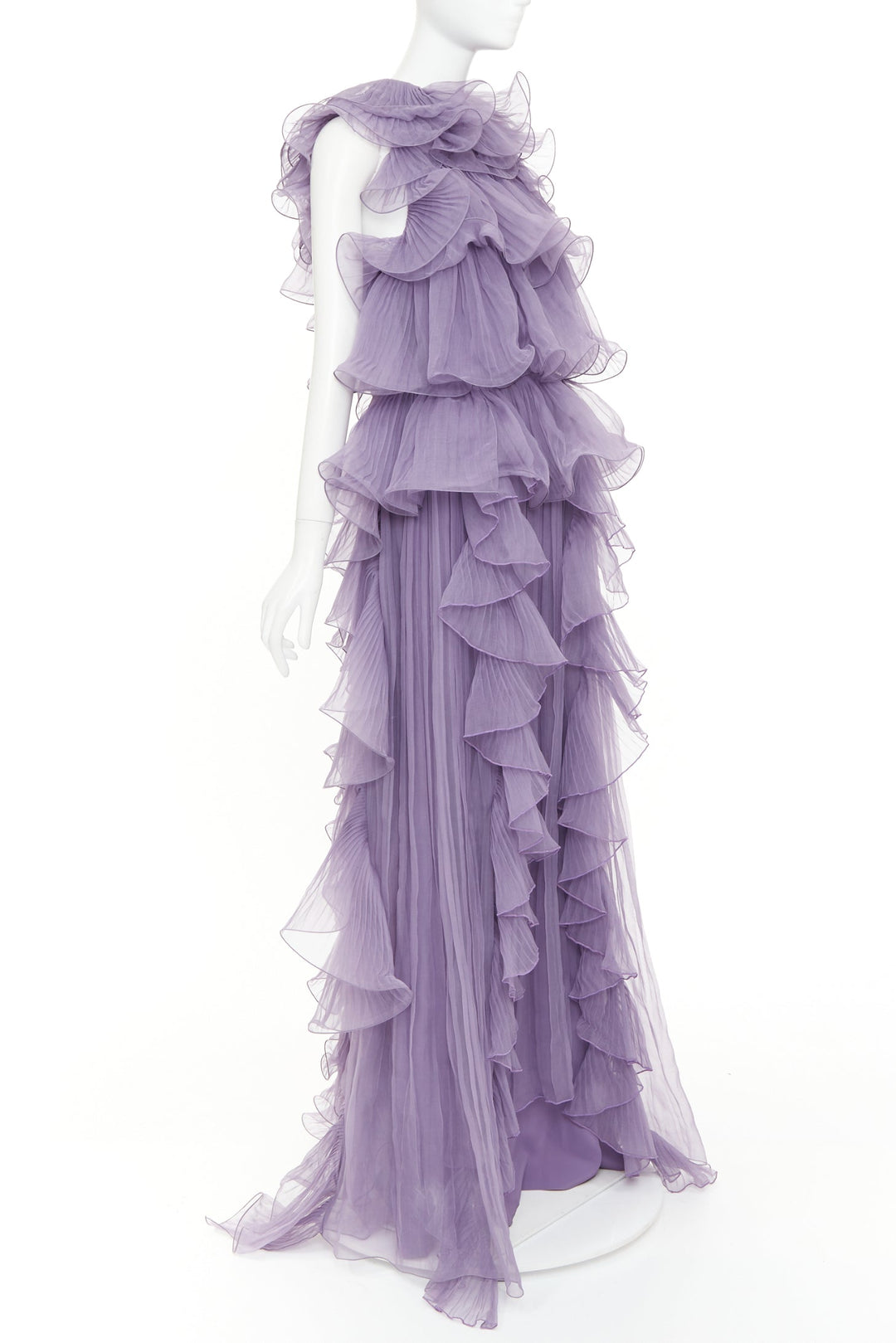 ALBERTA FERRETTI Vintage purple sheer silk tier ruffle evening gown dress IT40 S