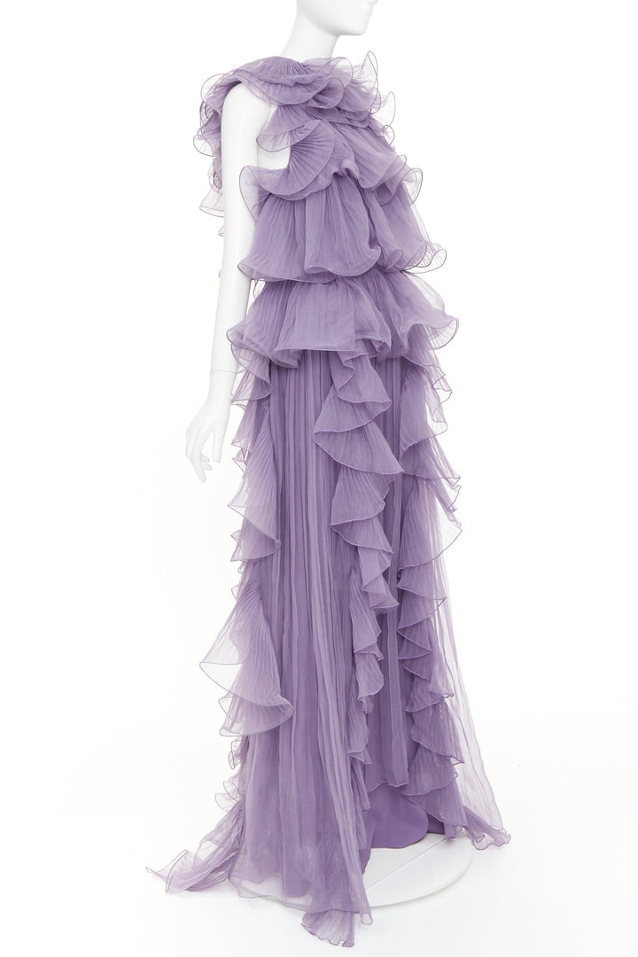 ALBERTA FERRETTI Vintage purple sheer silk tier ruffle evening gown dress IT40 S