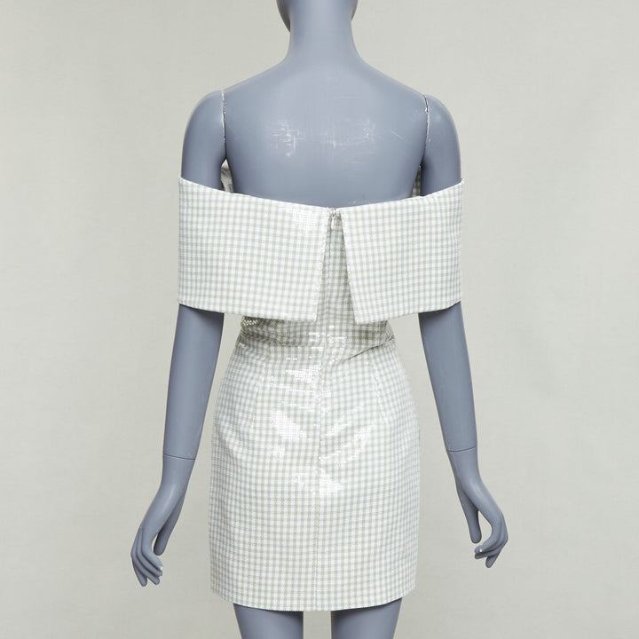 MARKARIAN Runway Regina green white sequin gingham cold shoulder dress US0 XS