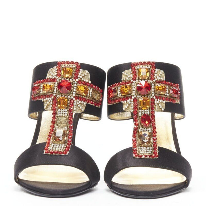 VERSACE 2018 Tribute Byzantine Cross Jewel crystal black satin sandals EU38