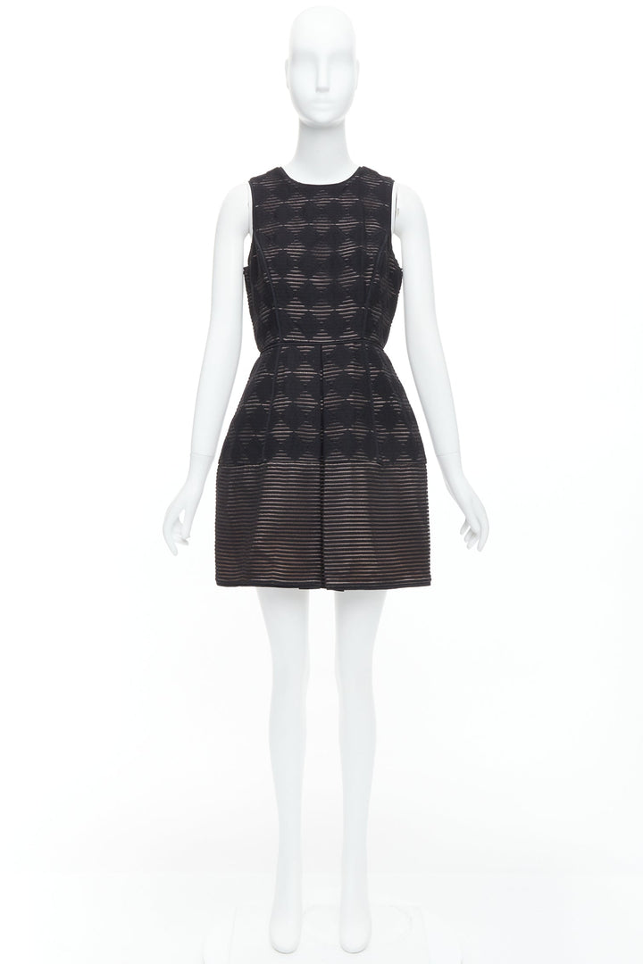 TIBI black diamond checkered embroidered stripe fit flared dress US4 S