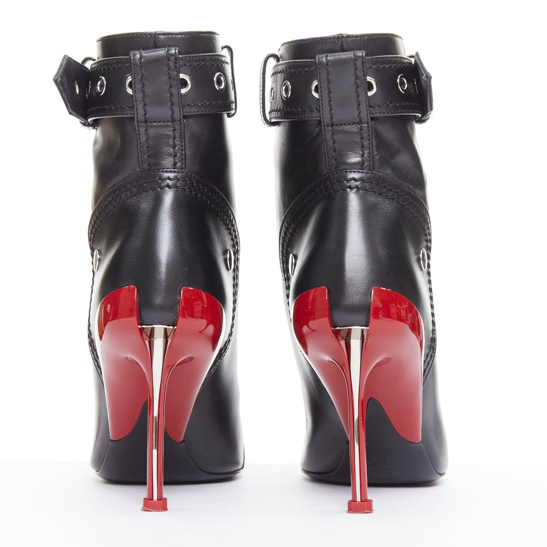 ALEXANDER MCQUEEN Slash black leather biker style red heeled boots EU39