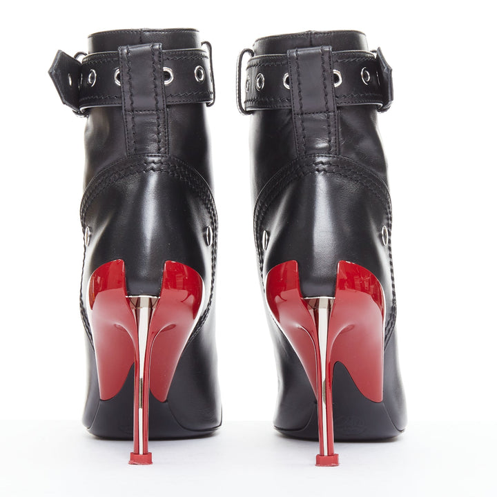 ALEXANDER MCQUEEN Slash black leather biker style red heeled boots EU39