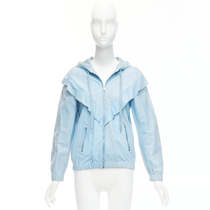 RED VALENTINO powder blue lambskin leather ruffle panel hoodie jacket IT40 S