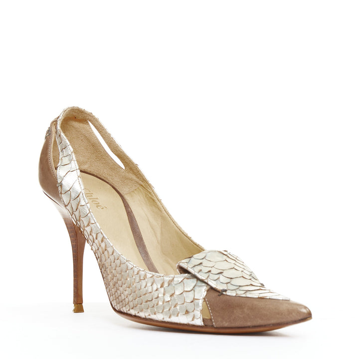 CHLOE Vintage silver metallic scaled leather brown trim pointy pumps EU37.5