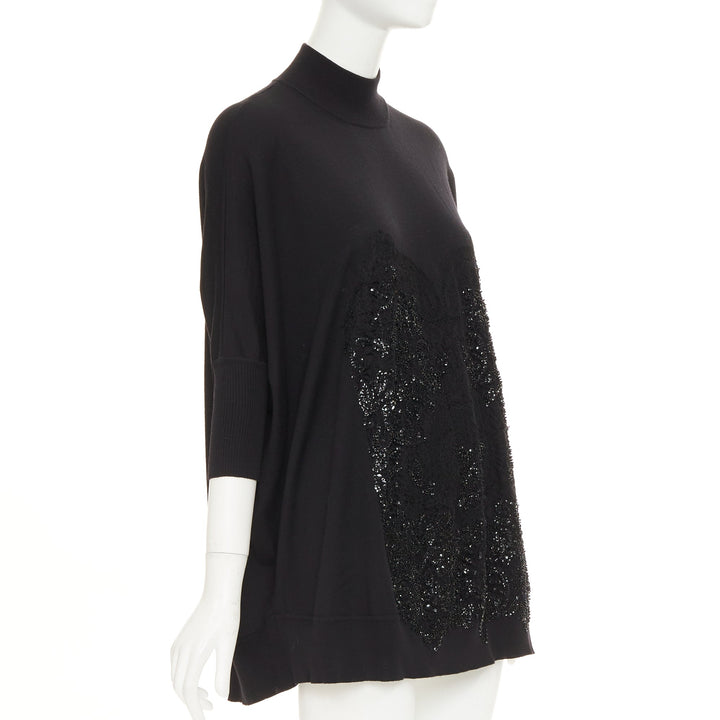 GIVENCHY black wool blend sequin lace embellished knit turtleneck tunic top M