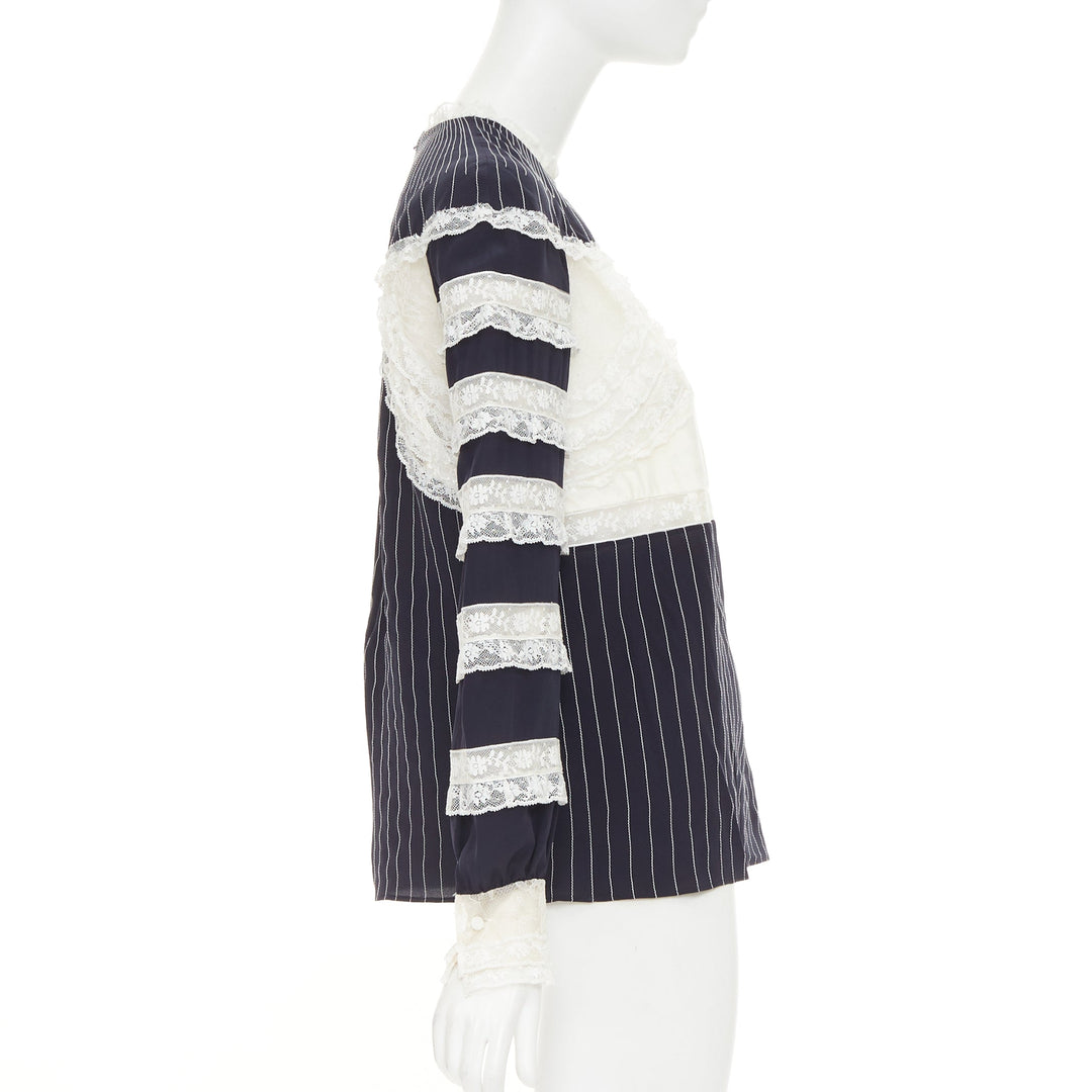 VALENTINO 2015 navy cream 100% silk pinstripe floral lace panelled top IT42 M
