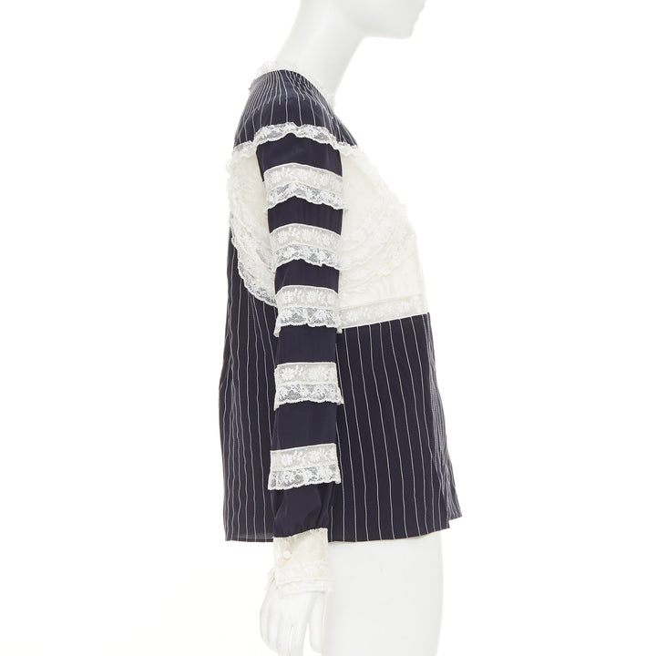 VALENTINO 2015 navy cream 100% silk pinstripe floral lace panelled top IT42 M