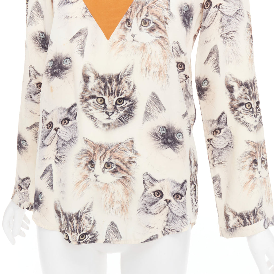 STELLA MCCARTNEY 2016 100% silk  beige orange cat print blouse IT38 XS