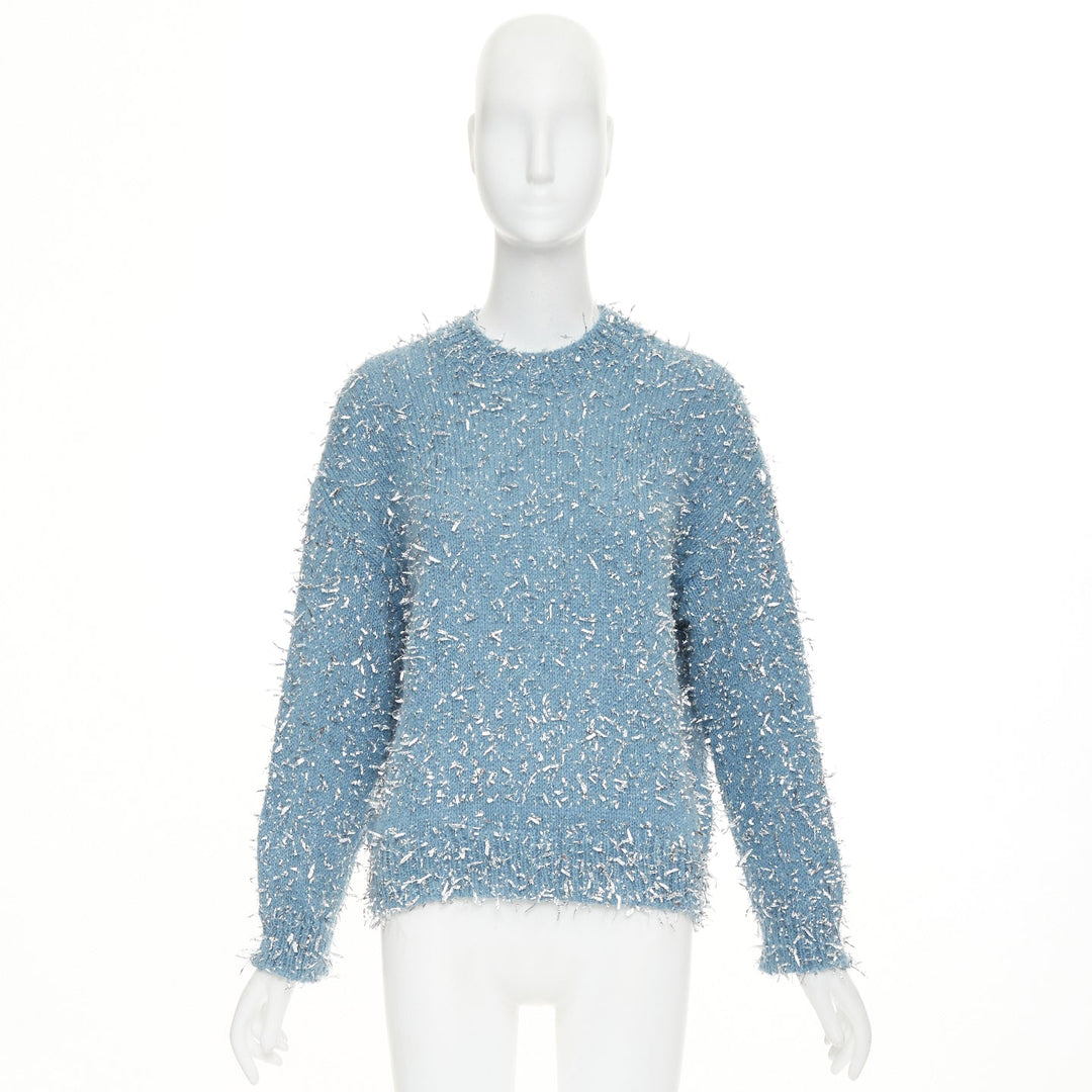 MSGM 2023 misty blue silver metallic foil speckle crewneck sweater XS