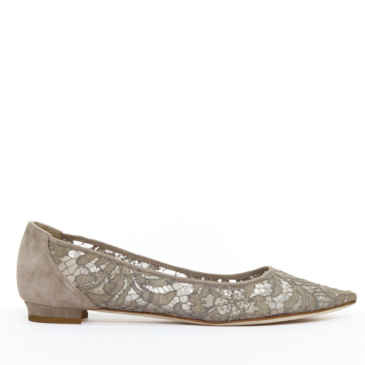 MANOLO BLAHNIK grey lace suede pointy toes flat shoes EU37.5