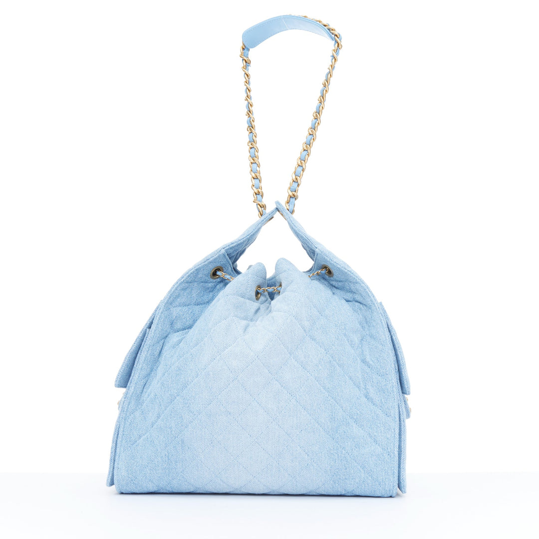 CHANEL Runway 25 Small light blue washed denim gold hardware bucket hobo bag