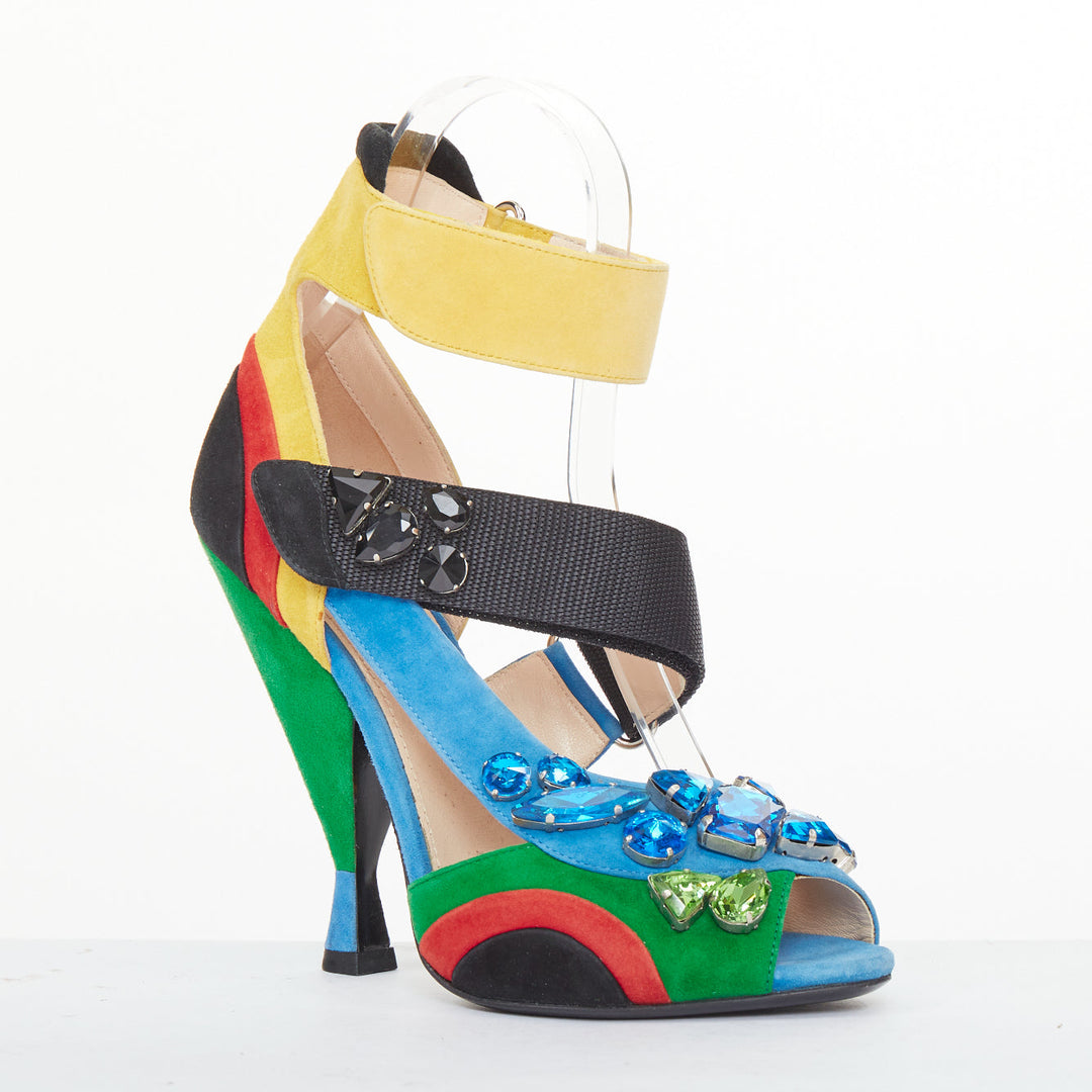 rare PRADA 2014 Runway asymmetric jewel colorblock suede heel sandals EU38 US8