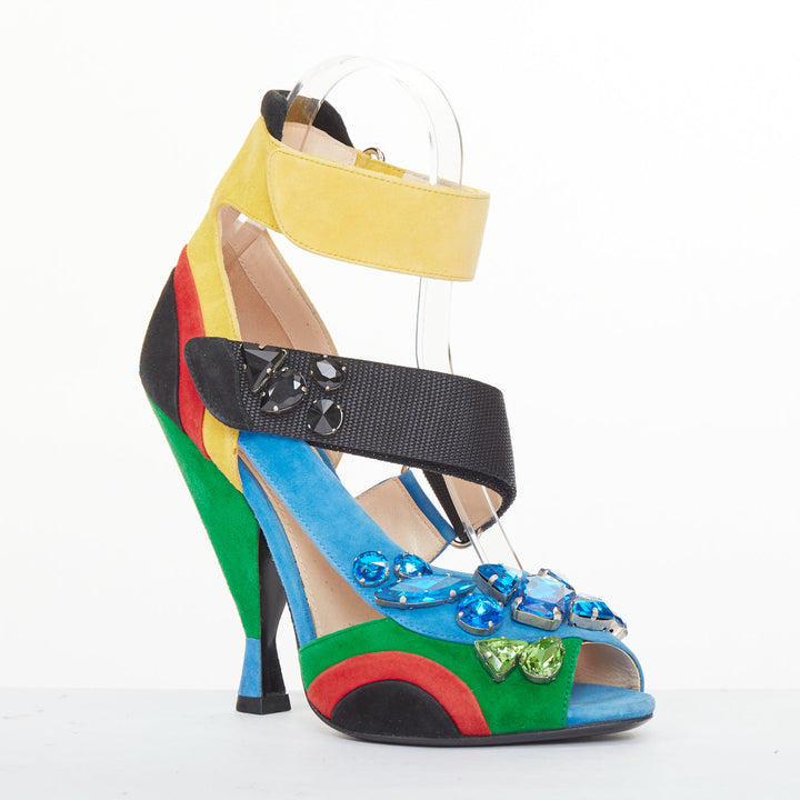 rare PRADA 2014 Runway asymmetric jewel colorblock suede heel sandals EU38 US8