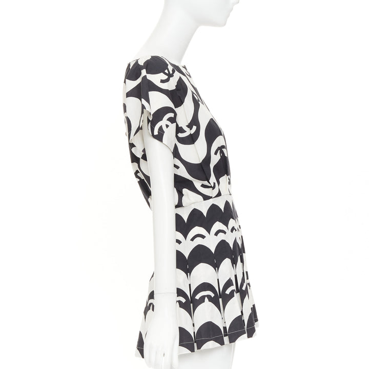 CHANEL 21P Runway black white cc wave print cotton mini romper playsuit FR34 XS