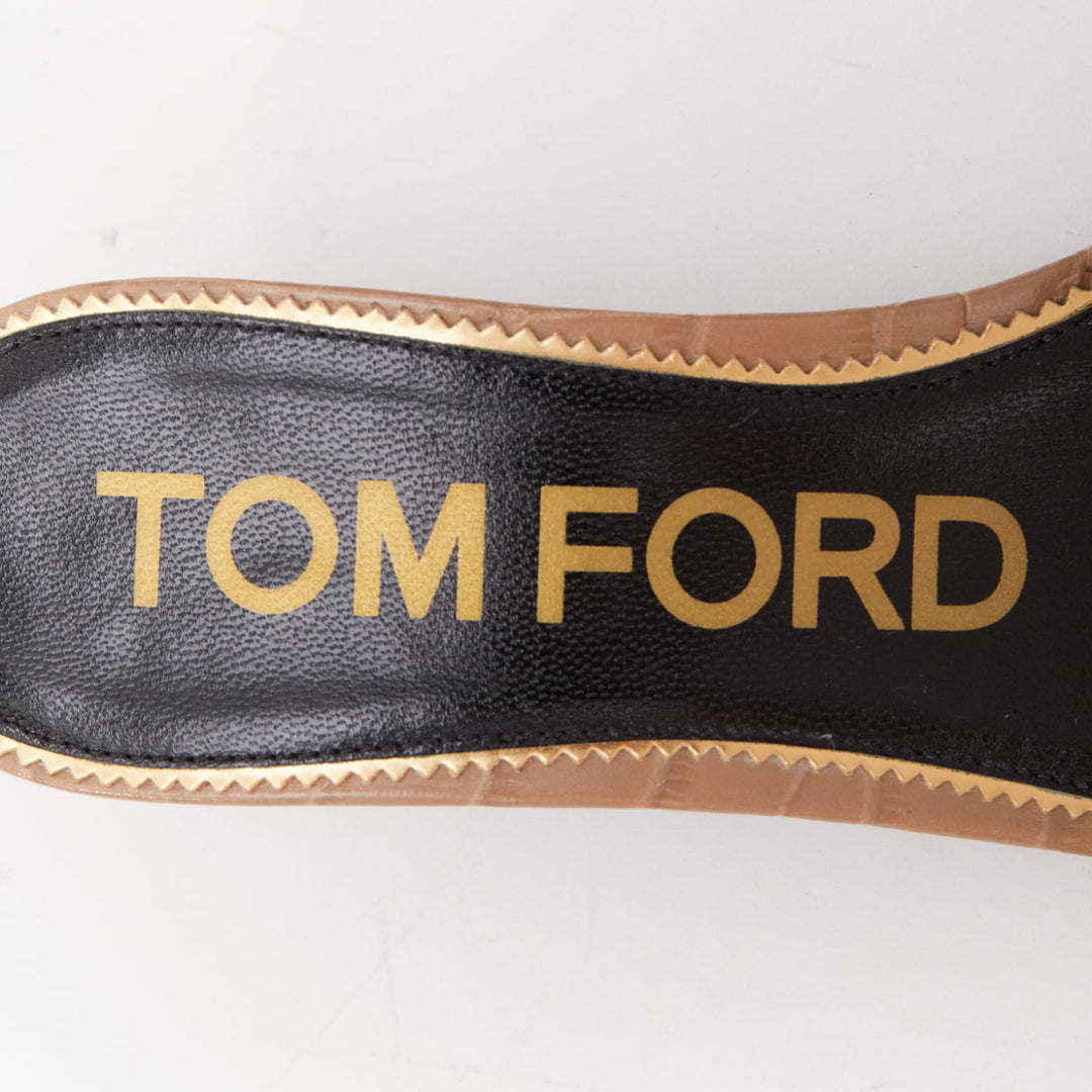 TOM FORD taupe croc embossed calfskin gold TF logo kitten heel sandal EU36