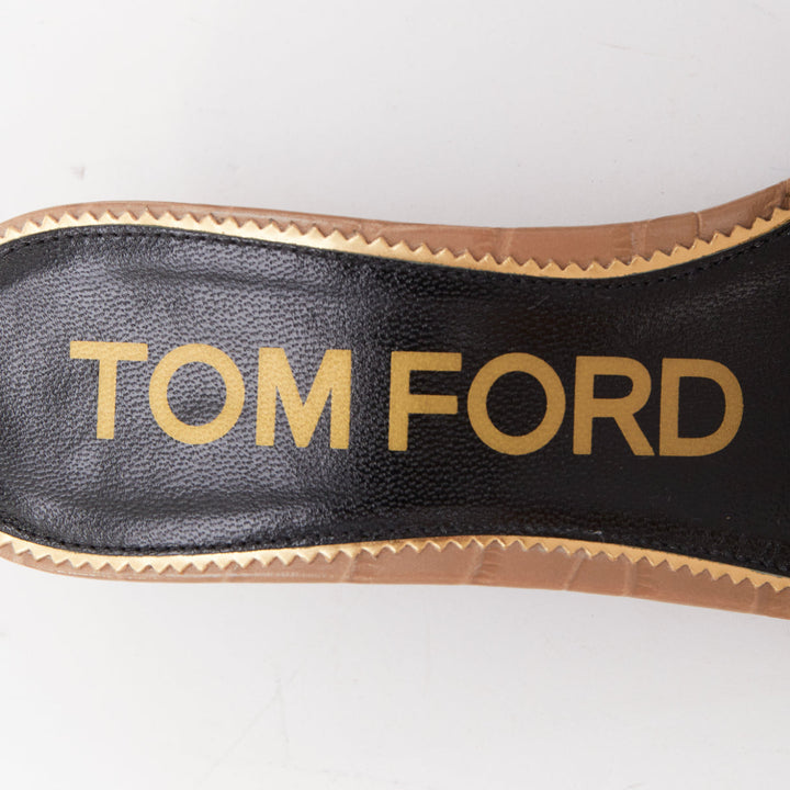 TOM FORD taupe croc embossed calfskin gold TF logo kitten heel sandal EU36