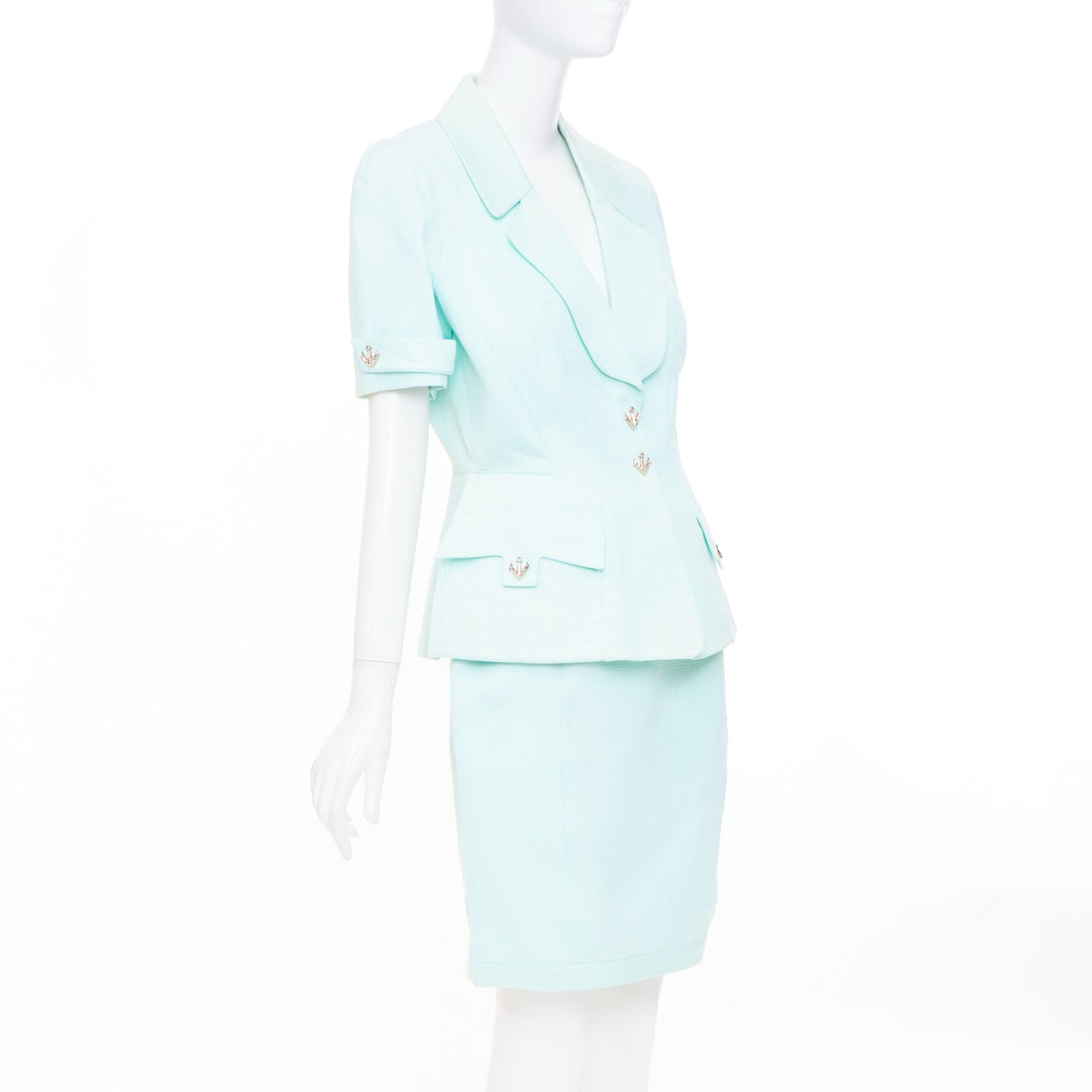 THIERRY MUGLER Vintage pale blue wool textured short sleeve peplum skirt suit