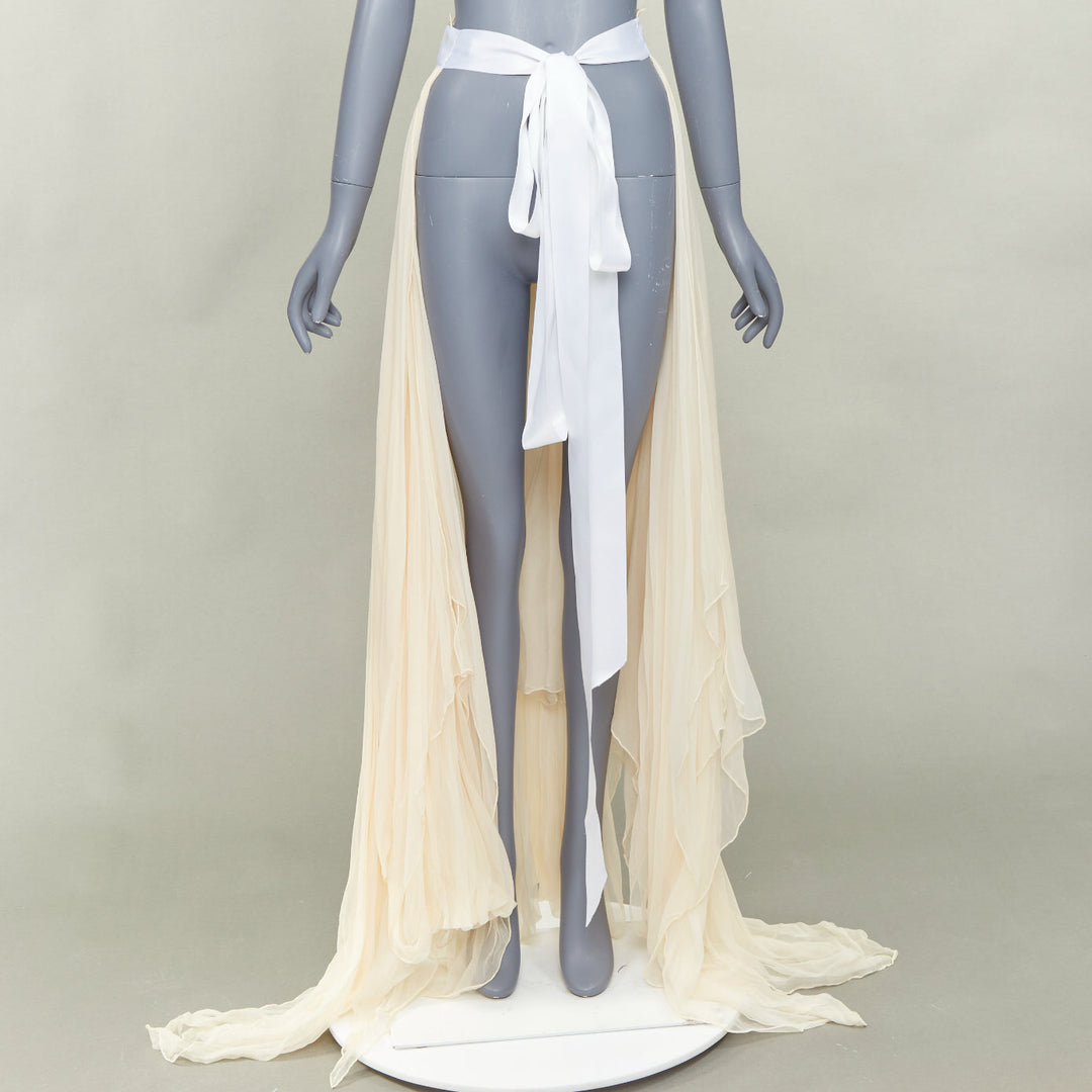 JEAN PAUL KNOTT cream hand-rolled pure chiffon silk white ribbon wrap skirt