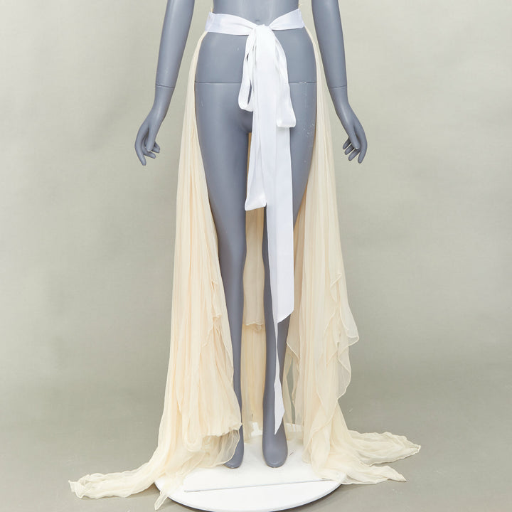 JEAN PAUL KNOTT cream hand-rolled pure chiffon silk white ribbon wrap skirt