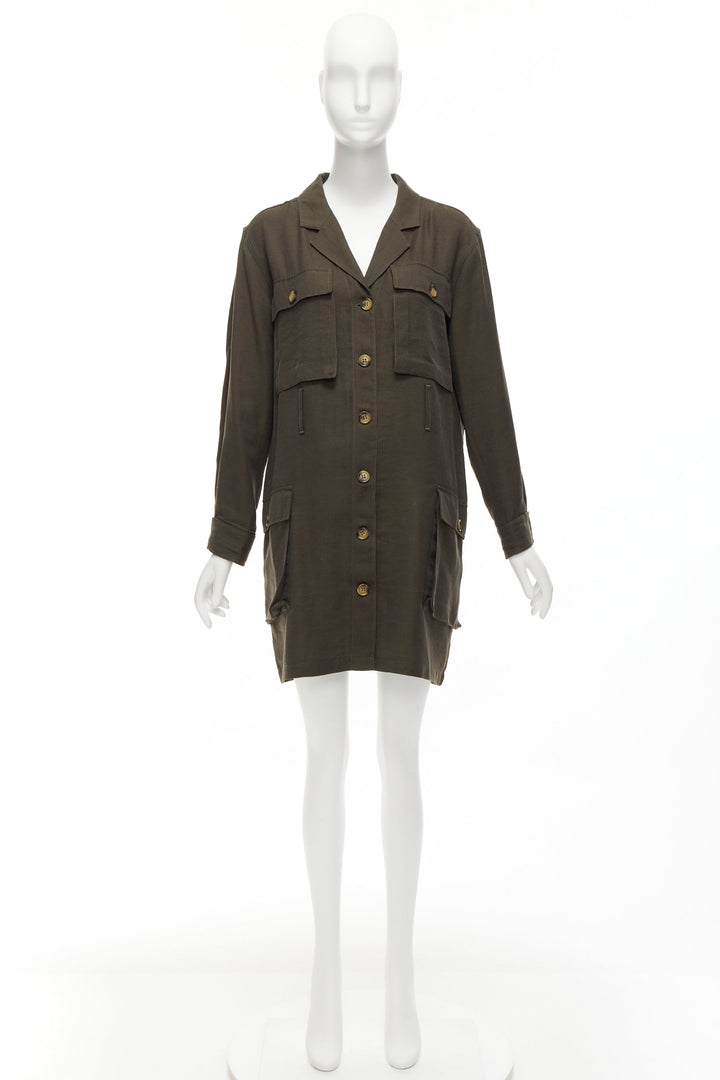 ANINE BING Kaiden Willow dark green pocketed safari shirt dress