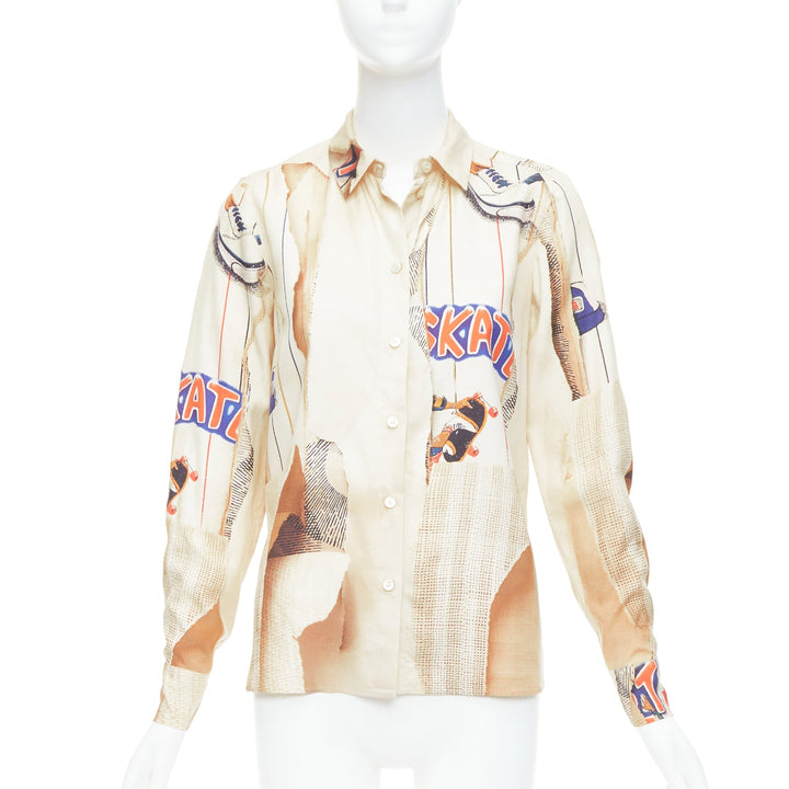 STELLA MCCARTNEY 100% silk nude skate paper print shirt IT38 XS