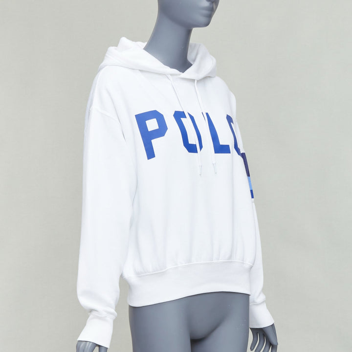 POLO RALPH LAUREN white blue cotton blend logo stripe arm hoodie XS