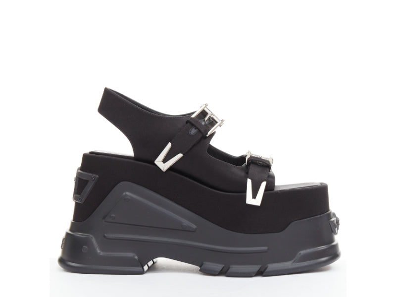 new VERSACE Anthem 120 Black satin silver Medusa buckle platform sandals EU38