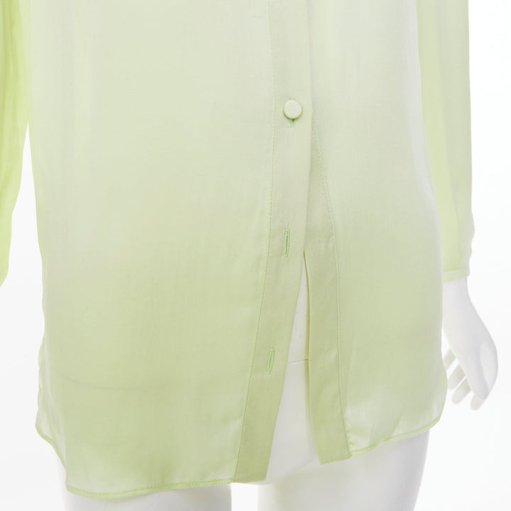 GIVENCHY pale lime green collarless covered button gathered silk blouse FR34 XS
