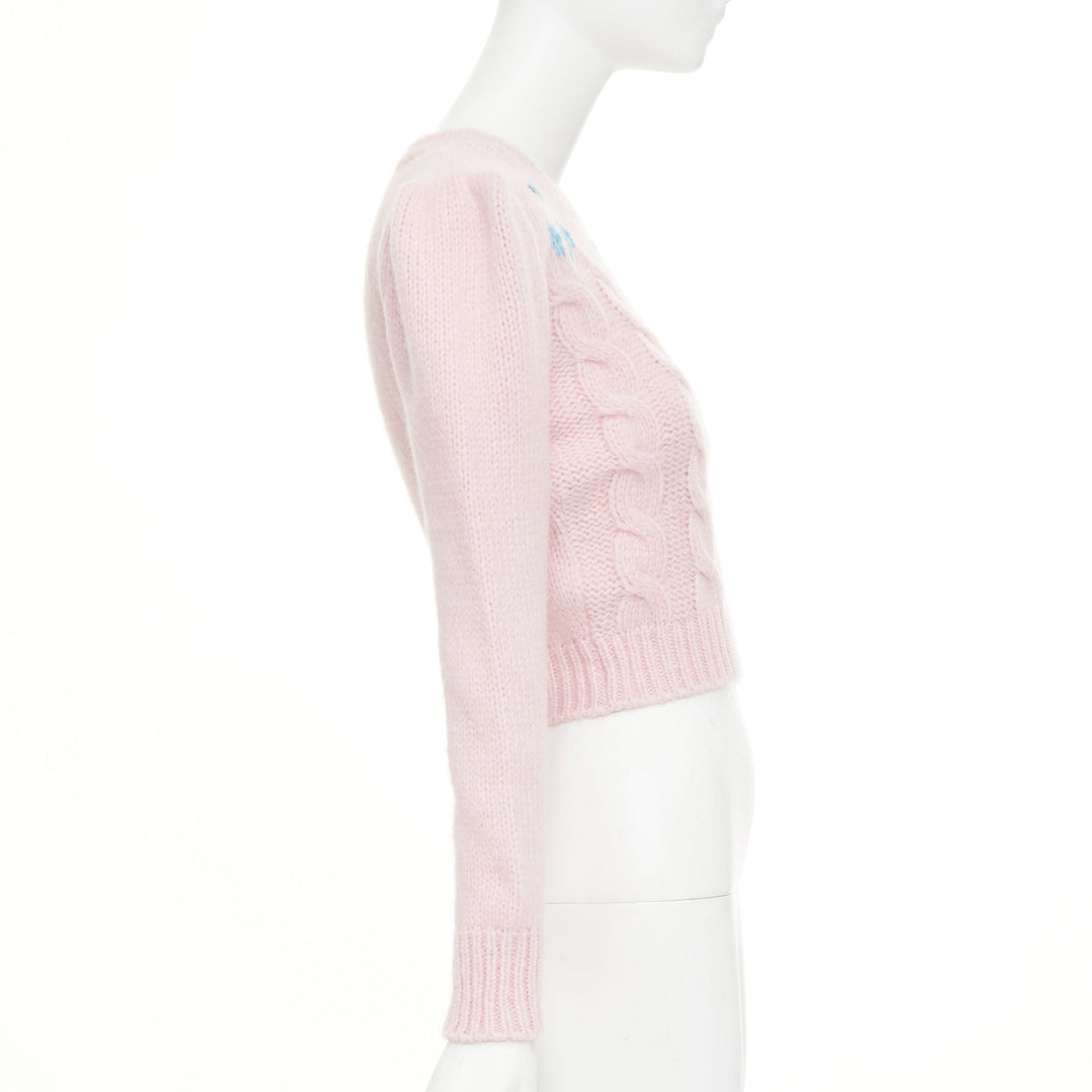 ALESSANDRA RICH pink alpaca blue floral embroidered cable knit sweater IT38 XS