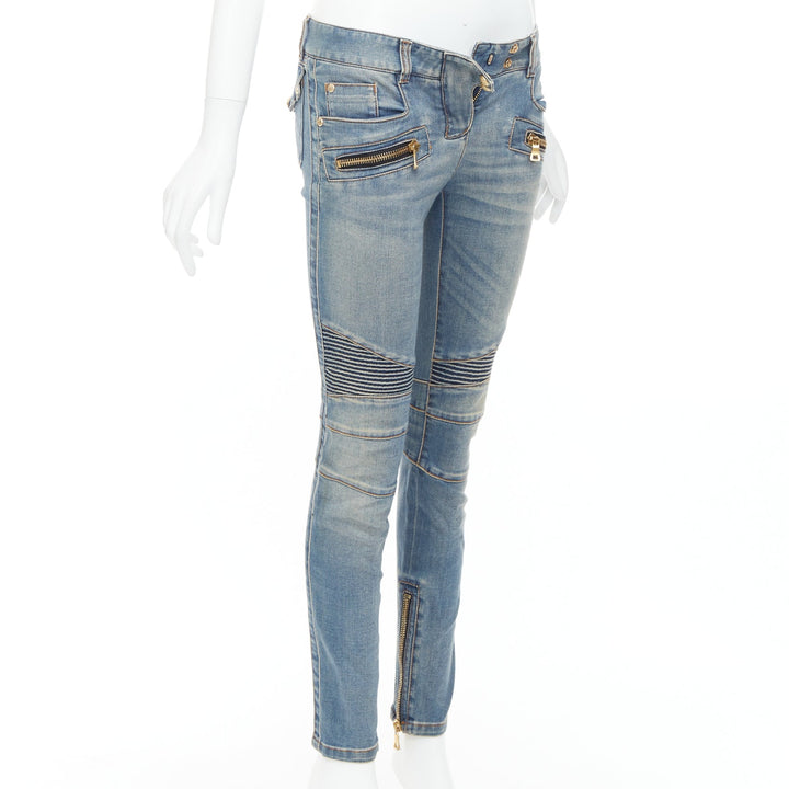 BALMAIN blue faded washed ribbed denim moto biker jeans FR36 S