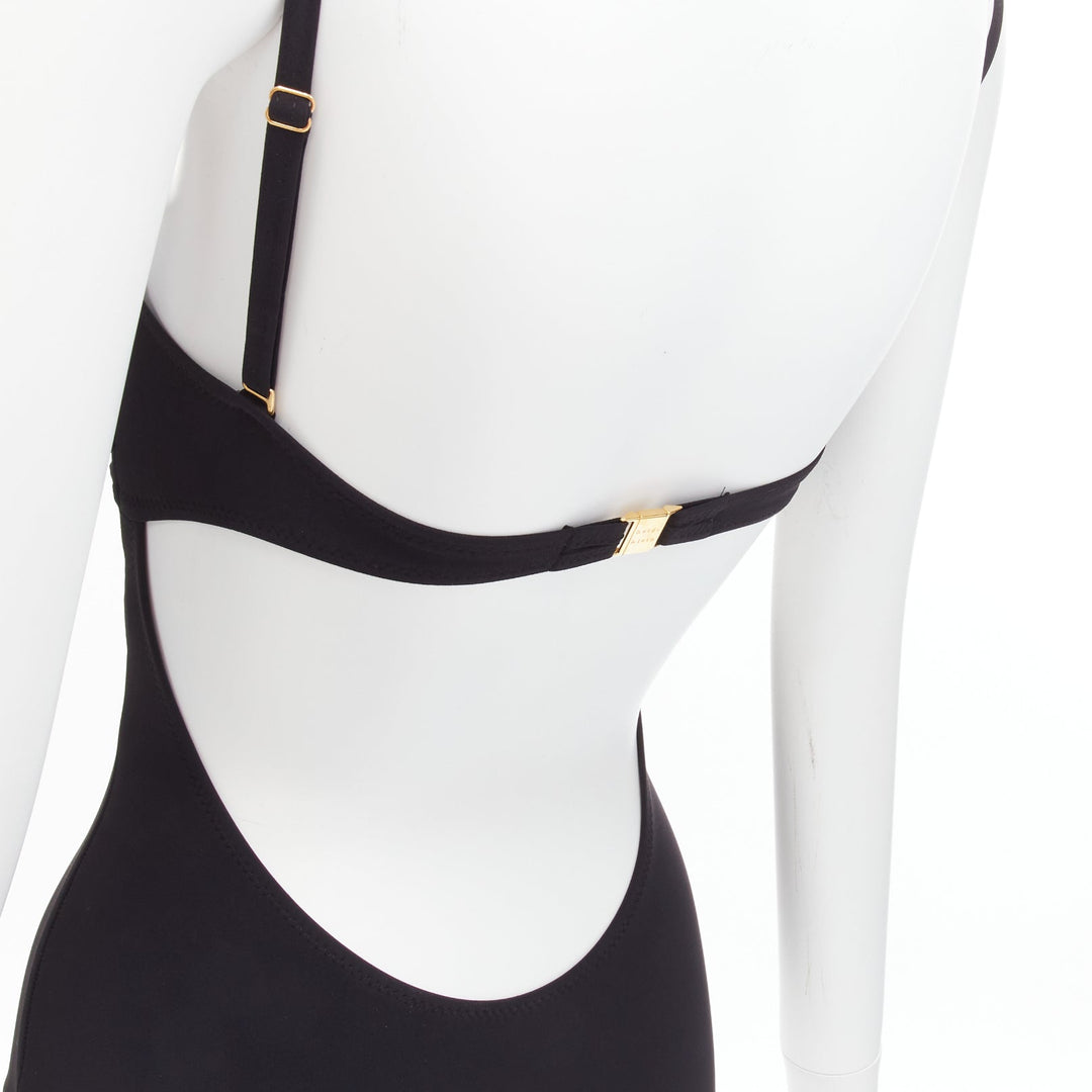 HEIDI KLEIN black gold logo clasp backless flutter one piece swimsuit US0 XS