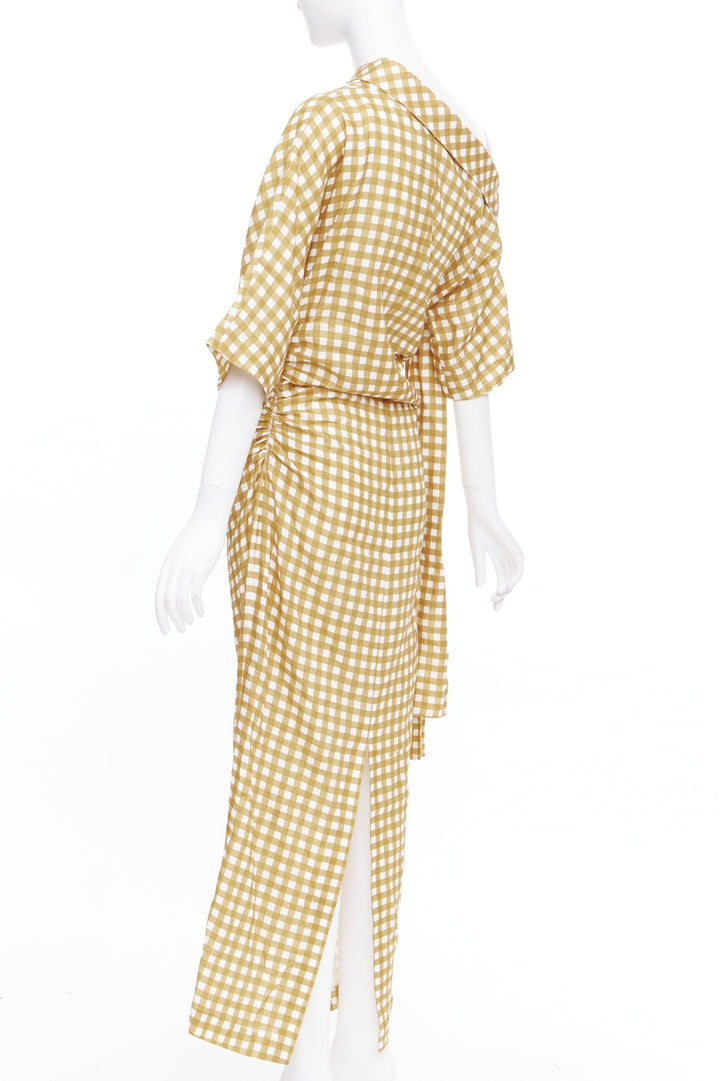 BERNADETTE Nowie brown off white gingham linen asymmetric belted dress IT40 S