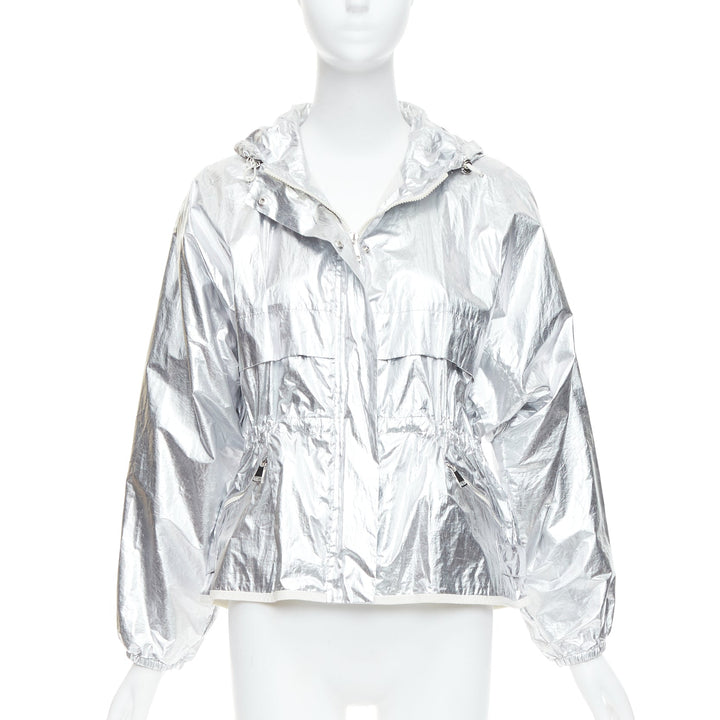 MONCLER silver coated cotton ruched waist hooded windbreaker Sz2