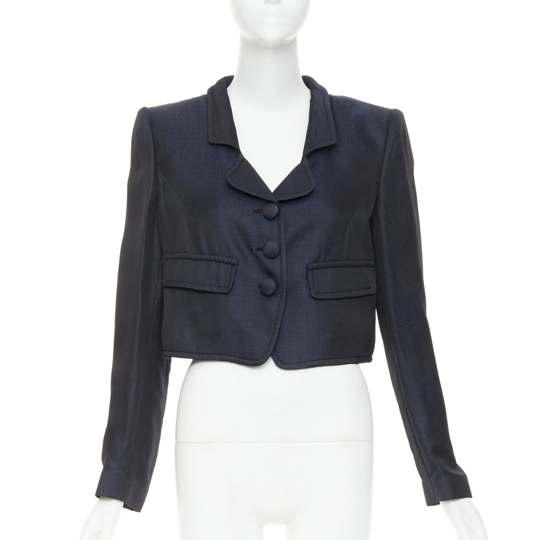 GIORGIO ARMANI navy textured flap pockets cropped evening jacket blazer IT46 XL