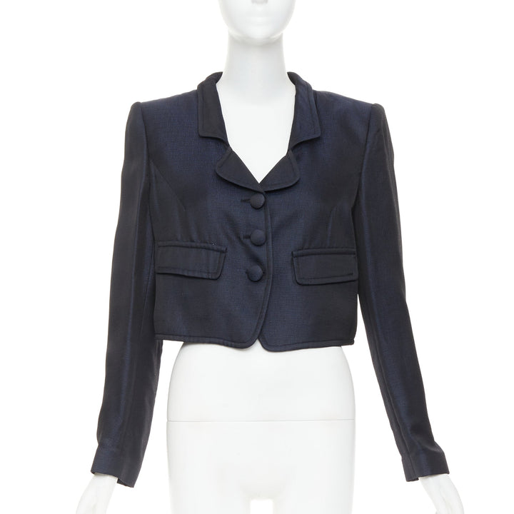 GIORGIO ARMANI navy textured flap pockets cropped evening jacket blazer IT46 XL