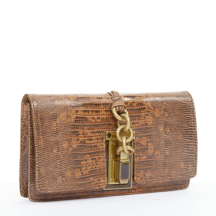 BOTTEGA VENETA brown lizard gold intrecciato resin chain evening clutch bag
