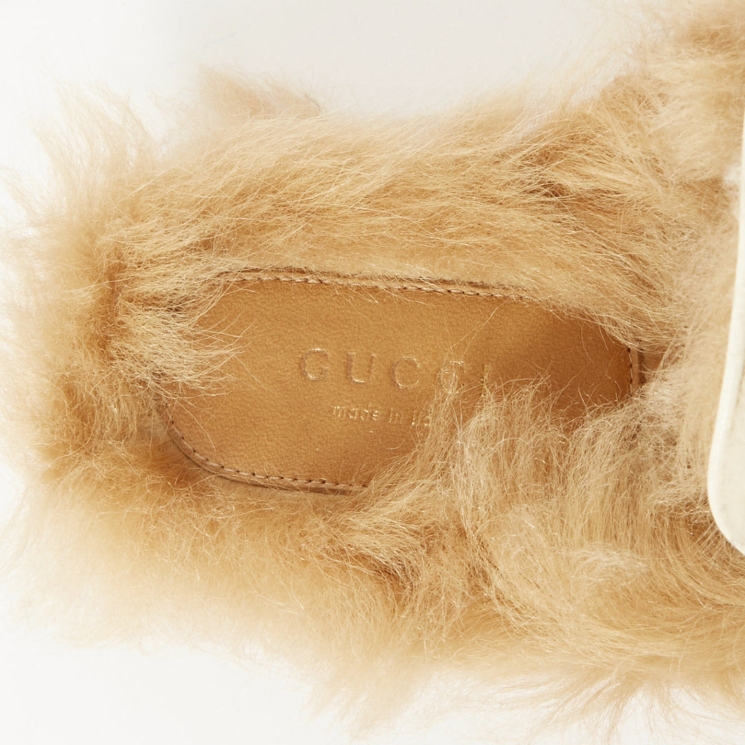 GUCCI Princetown beige shearling horsebit backless loafer mules EU37