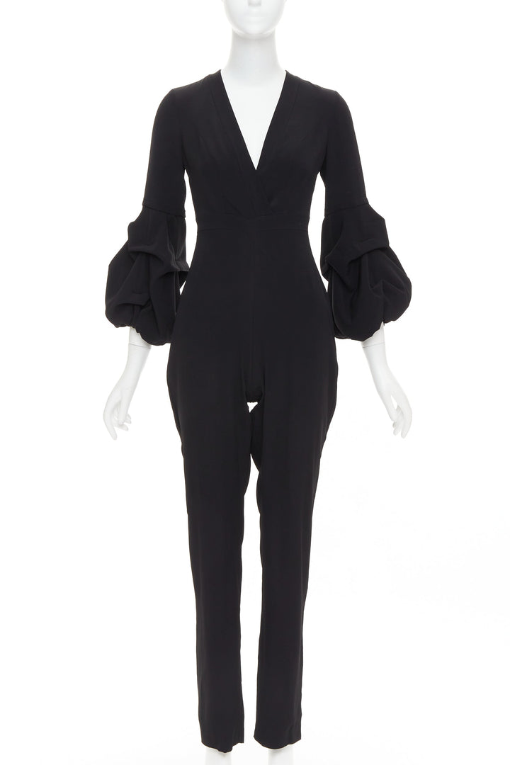 ALEXIS Maximila ruched sleeves skinny leg crepe black tapered jumpsuit XS