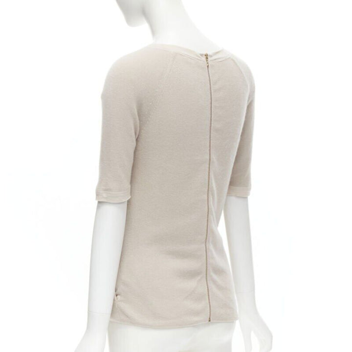 CHLOE Perle beige cashmere silk gold zip back short sleeve sweater S