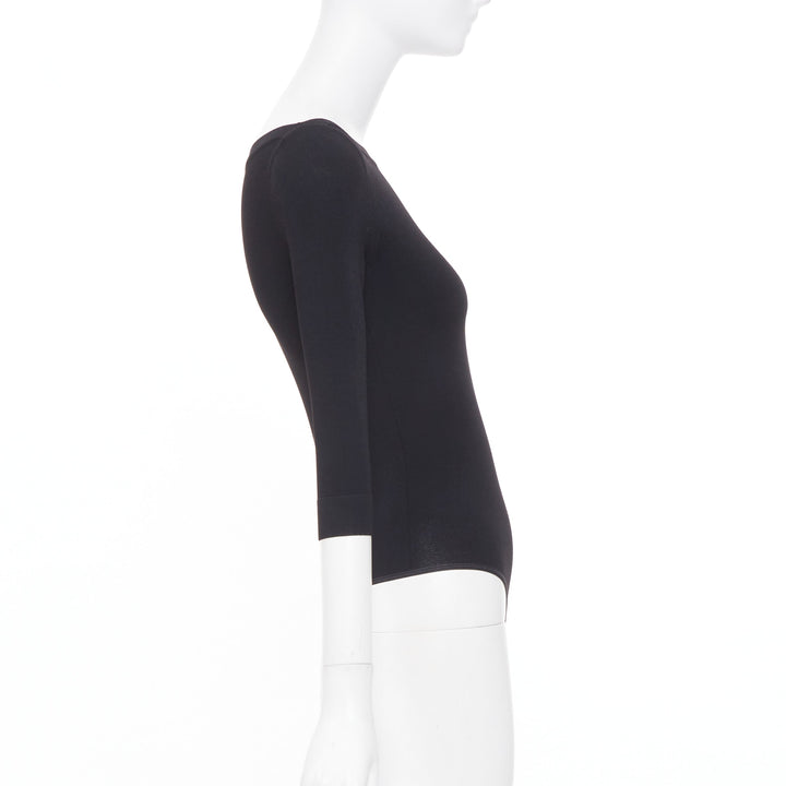 ALAIA black viscose blend three quarter sleeve boatneck knit bodysuit top FR36 S