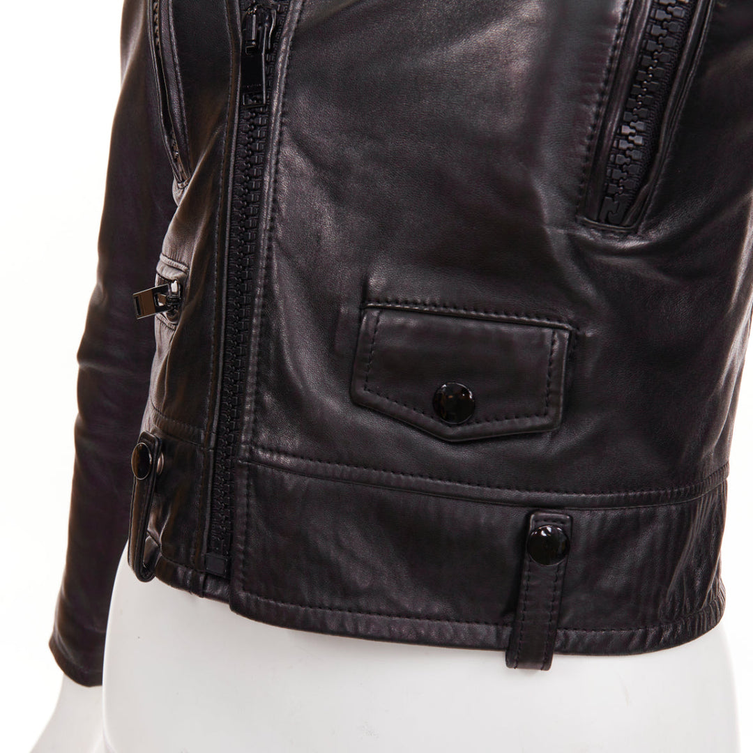 SAINT LAURENT 2015 black lambskin leather crop asymmetric biker jacket FR34 XS