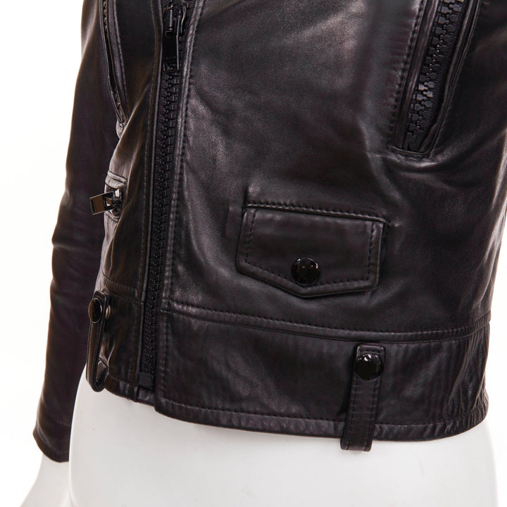 SAINT LAURENT 2015 black lambskin leather crop asymmetric biker jacket FR34 XS