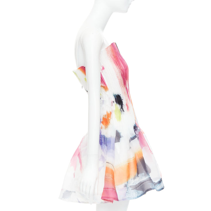 AJE Celestial white multicolor abstract paint print pleated mini dress UK4 XXS