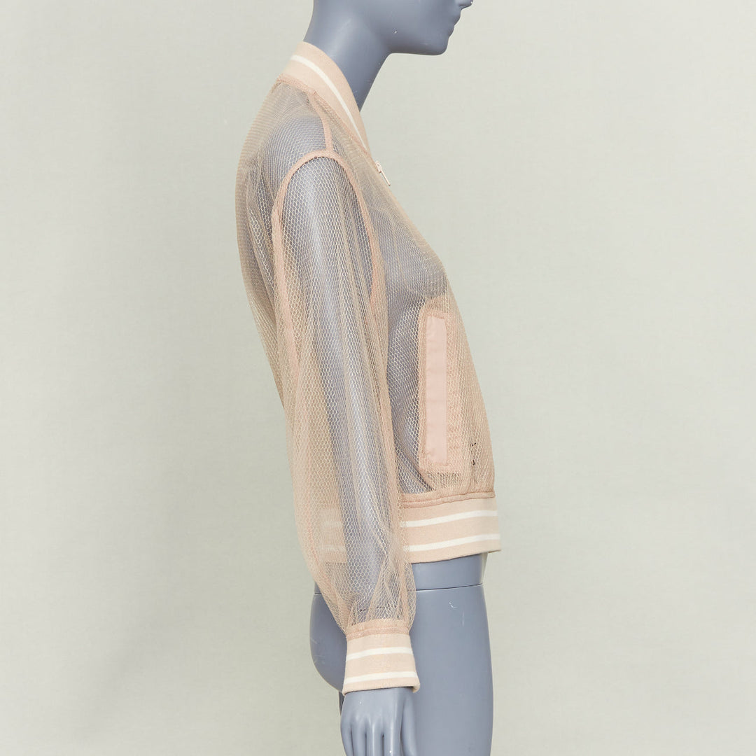 DIOR 2020 beige metallic mesh overlay sheer striped ribbed CD bomber jacket