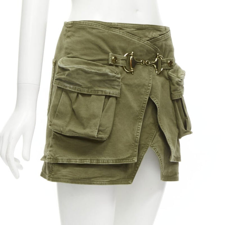 BALMAIN gold tone horsebit buckle green distressed cargo mini skirt FR34 XS