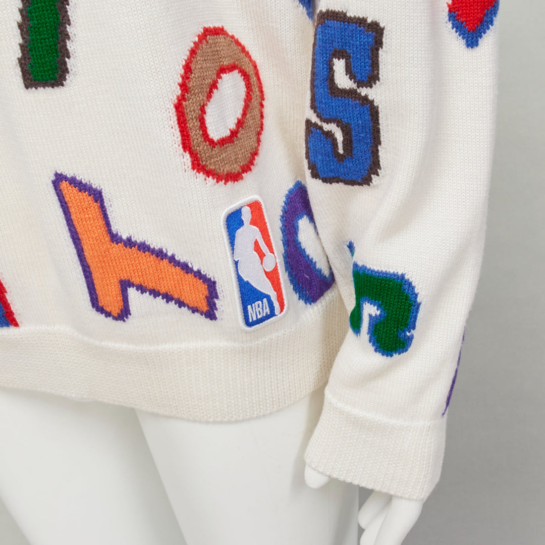 Male mannequin wearing Louis Vuitton by Virgil Abloh NBA AW2021 White Wool Men Sweater in Size  XL | Available at JHROP