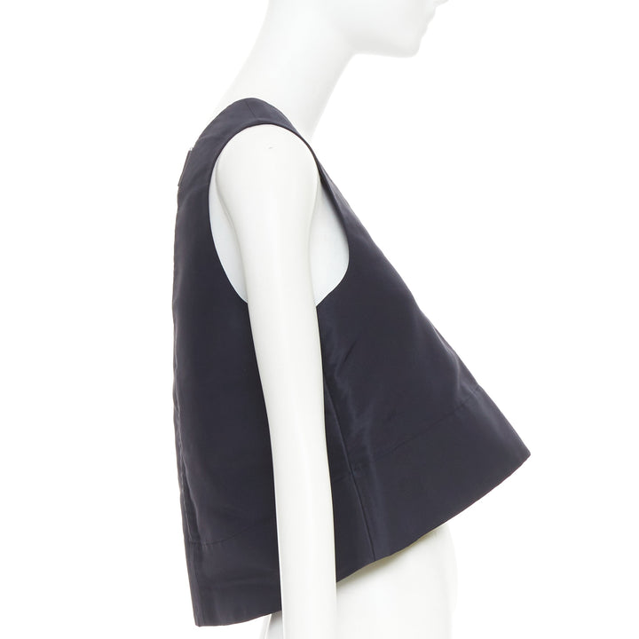 TIBI navy silk faille silver buckle strap back V neck crop top US0 XS